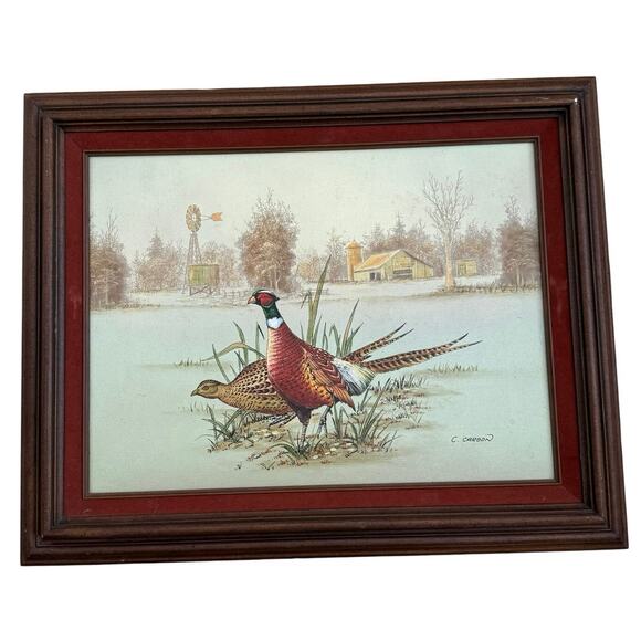Vintage C. Carson Original Framed Oil On Canvas Painting Art Pheasants Signed - Picture 1 of 5